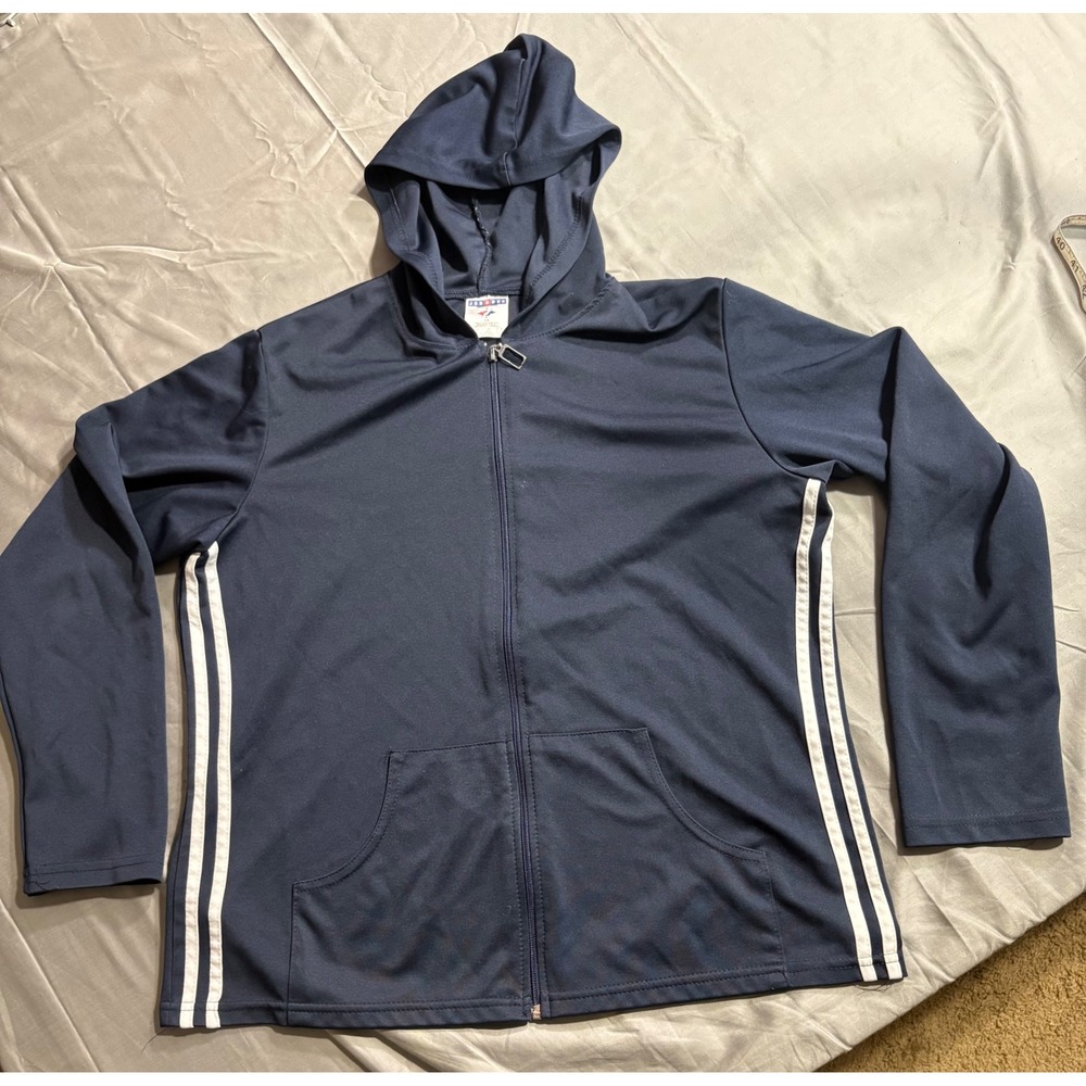 Jerzees Activewear Men 1X Navy Blue Zip Hoodie White Side Stripe Track Jacket